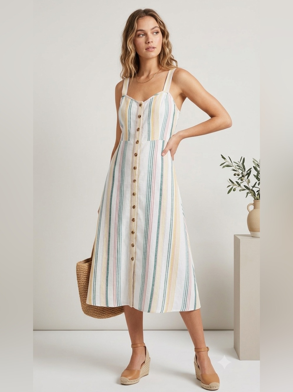 Madewell 100% Linen Striped Midi Dress Button Front Pastel Size 4 Summer Beach